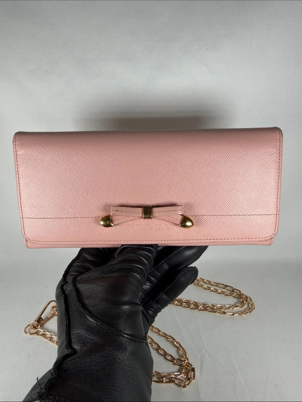 Authentic Prada Pink Bow-Detail Wallet with chain